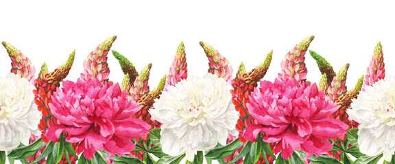 watercolor seamless border with  summer flowers - colorful peonies in botanical style