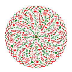 Christmas Mandala with holiday text, congratulations in design. Red-green color scheme