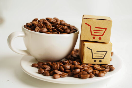 Shopping cart box on coffee beans, shopping online for export or import.
