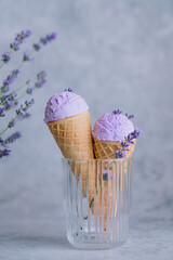 Creamy vegan lavender ice cream in a glass, styling with French lavender buds. Summer seasonal cold...