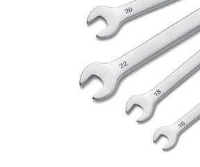Wrench isolated on white. Spanners. Many wrenches. Industrial background. Set of wrench tool equipment. Set of wrenches in different sizes.