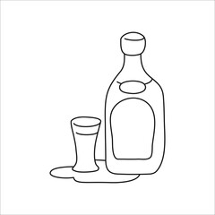 Tequila bottle and glass outline icon on white background. Black white cartoon sketch graphic design. Doodle style. Hand drawn image. Party drinks concept. Freehand drawing style