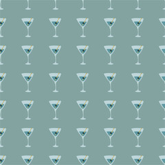 Martini glass with olive and skewer seamless pattern. Doodle style. Color hand drawn image. Repeat template. Party drinks concept. Freehand drawing. Cartoon sketch graphic draft