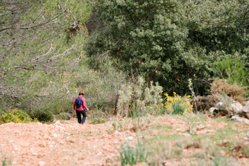 Hiker woman descending the mountain.