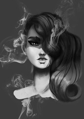 Portrait of a smoking girl from the seventies in the smoke