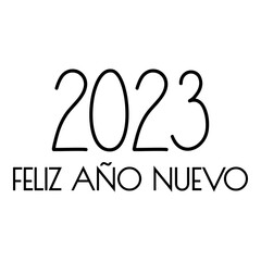 Banner con texto manuscrito 2023 Feliz Año Nuevo en español. Logo con líneas. Vector en color negro
