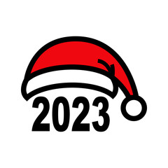 Banner con año nuevo 2023. Logo con sombrero de Papá Noel. Vector con líneas en color negro y rojo