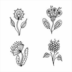 Set of hand drawn flower single doodle elements