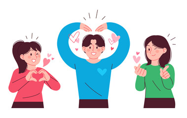 Men and women drawing hearts with their hands and arms. Cute love expression concept vector illustration collection. - obrazy, fototapety, plakaty