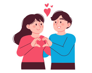 A man and a woman couple who love each other. They draw hearts with each other's hands. Lovers character vector illustration.