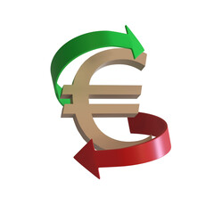 Fototapeta premium Euro symbol surrounded by two arrows, green pointing up and red pointing down, on a white background. 3D rendering. Finance concept. Isolated