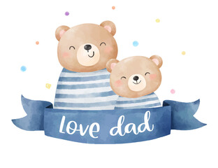 Draw happy baby bear with dad Father day concept