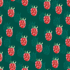 Raspberry on blue watercolor seamless pattern