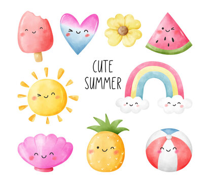 Draw element cute summer Watercolor style