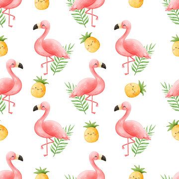 Draw seamless pattern flamingos pineapples Tropical summer