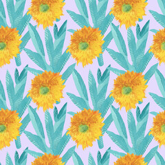 Watercolor seamless pattern with yellow sunflowers and turquoise eucalyptus on a lilac background. Repeating, bridal,textural hand painted print. Design for textiles, fabric, wrapping paper, printing.