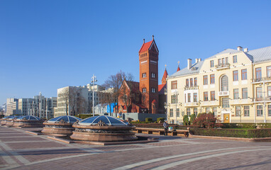 Fototapeta na wymiar Catholic church of St. Simeon and St. Helena on the Independence Square in Minsk, Belarus 