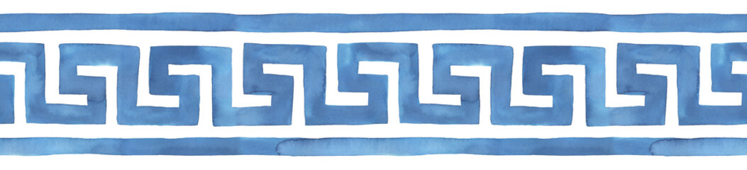 Seamless repeatable border of stylized Greek Key (Meander) pattern in blue colour with artistic stains and brush strokes. Hand painted watercolor illustration on white, isolated element for design. - 514762149