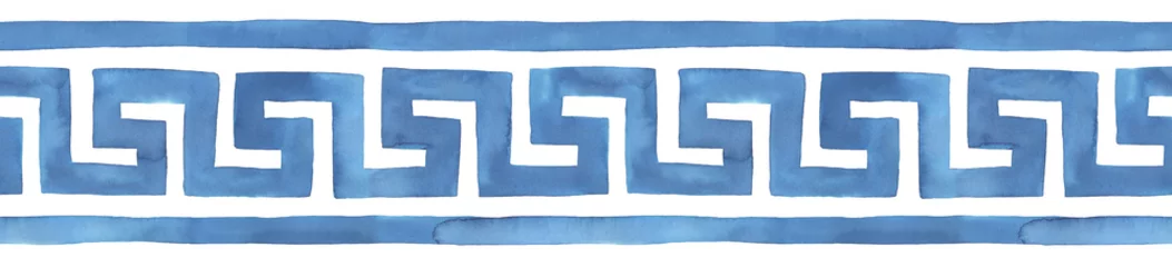 Seamless repeatable border of stylized Greek Key (Meander) pattern in blue colour with artistic stains and brush strokes. Hand painted watercolor illustration on white, isolated element for design. © Julija