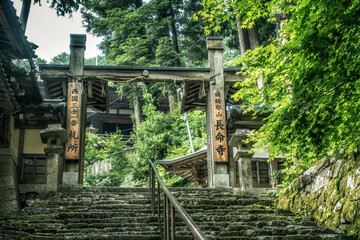 Fototapeta na wymiar 滋賀県近江八幡市「姨綺耶山 長命寺」の山門と新緑の風景