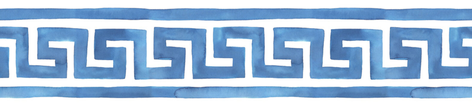 Seamless repeatable border of stylized Greek Key (Meander) pattern in blue colour with artistic stains and brush strokes. Hand painted watercolor illustration on white, isolated element for design.