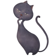 Decorative watercolor of black cat sitting & licking its feet