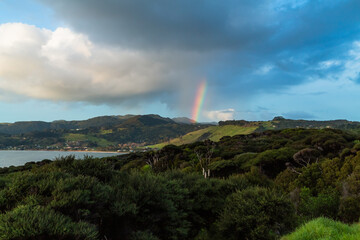 Fototapeta na wymiar ニュージーランド　ノースランド地方のオマペレの保護公園から見えるホキアンガ港と虹