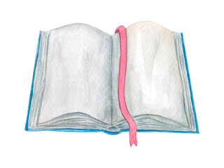 Open book with blue binding and red ribbon bookmark, insulated on white background. Hand-drawn watercolor illustration.