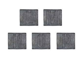 Leather labels Latin alphabet. Classic denim ABC tags on white background. Part 3