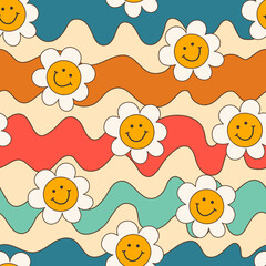 Seamless pattern good vibe 70s psychedelic groovy daisy and waves. Groovy pattern in hippie style.