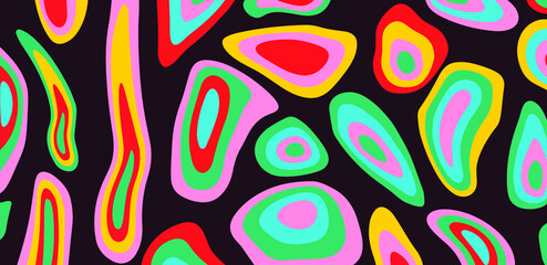 Hand drawn psychedelic groovy background with colorful trippy melting shapes in retro 60s hippie art style.