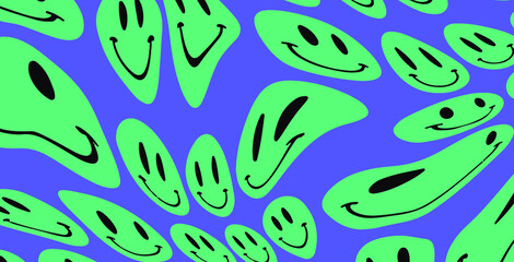 Fototapeta na wymiar Trippy psychedelic background with melting happy faces. Dripping smiling distorted cartoon personages.