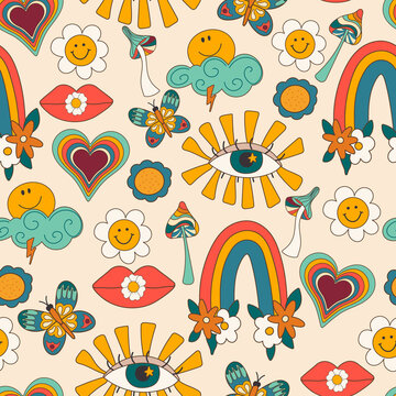 .Seamless pattern of good vibes of 70s psychedelic groovy trippy. Groovy pattern with eyes in hippie style