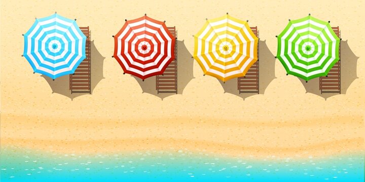 Aerial top view on the beach. Umbrellas, sunbeds, sand and ocean.