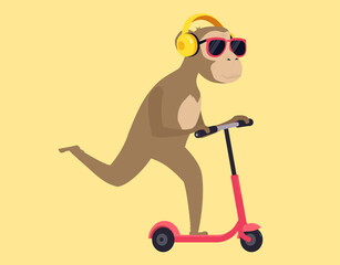 Monkey rides scooter in glasses and headphones while listening to music.