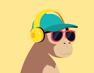 Monkey listens music with headphones. Avatar of chimpanzee in cap and glasses.