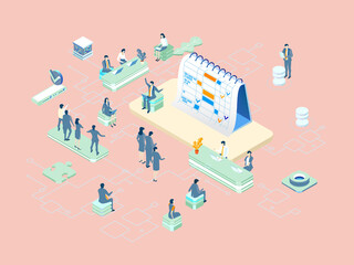 Isometric 3D business environment with business people working around a big calendar. Work together as team,  success, agreement, data protection, personal security infographic illustration.