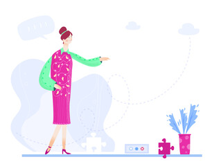 Young professional woman vector illustration. Woman joining on the free space for your information