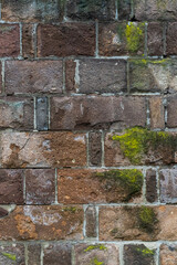 brick wall covered with moss, old house wall vertical pattern