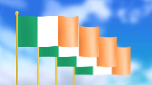 Four national flag of Ireland waving in wind focused on first flag and blue sky motion animation.