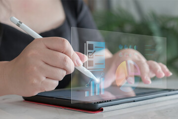 Businessman analyzes profitability of working companies with digital augmented reality graphic, positive indicators businessman calculates financial data for long-term investmens. virtual screen Graph