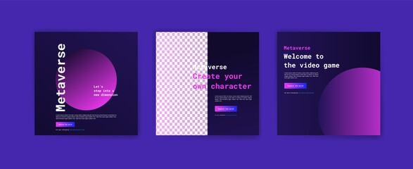 Social media post template for metaverse. People in VR headsets use the metaverse for their purposes - study, gaming, business, investing in NFT arts.