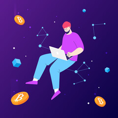 Naklejka premium Virtual reality concept. Metaverse digital cyber world technology, Man holding laptop in cyberspace. Modern interface for research and crypto trade