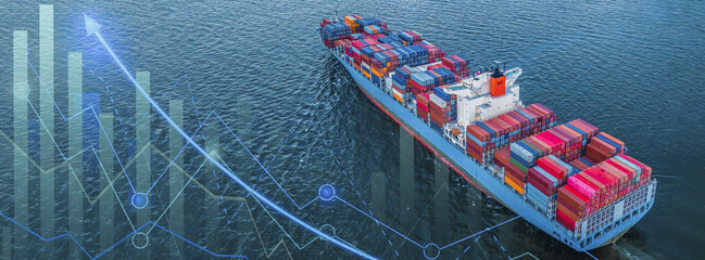 Aerial view container ship with business graph analysis, Global business import export logistic...
