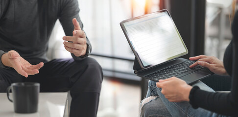 Young business team have meeting in office. New plan discussing. Casual meeting. Business team...