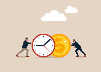 Two mans are pushing a watch and a coin towards each other, describe time is money, compete.ь