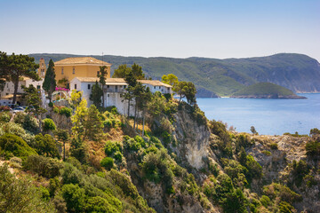 Landscape of a picturesque Paleokastritsa monastery in Corfu, Greece - obrazy, fototapety, plakaty