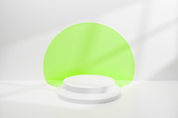 Abstract minimal empty podium with circle stairs and colors on the wall. Empty room concept with half semi circle on natural lighting. Rendering 3d shape, product display presentation.