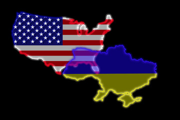relations between the countries of Ukraine and America, USA, assistance to Ukraine in the war, maps of countries on a dark background