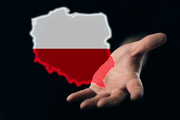 helping hand of Poland, map of Poland in hand on a dark background